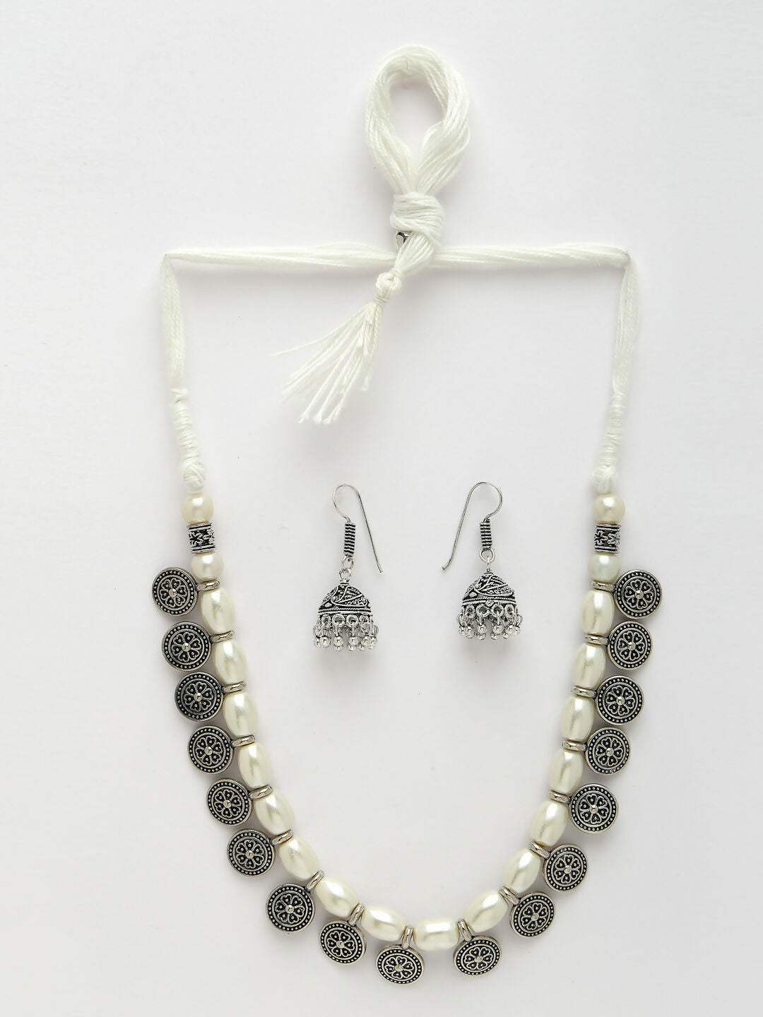 NVR Women's White Silver-Plated Choke Oxidized Necklace with Jhumka Earrings
