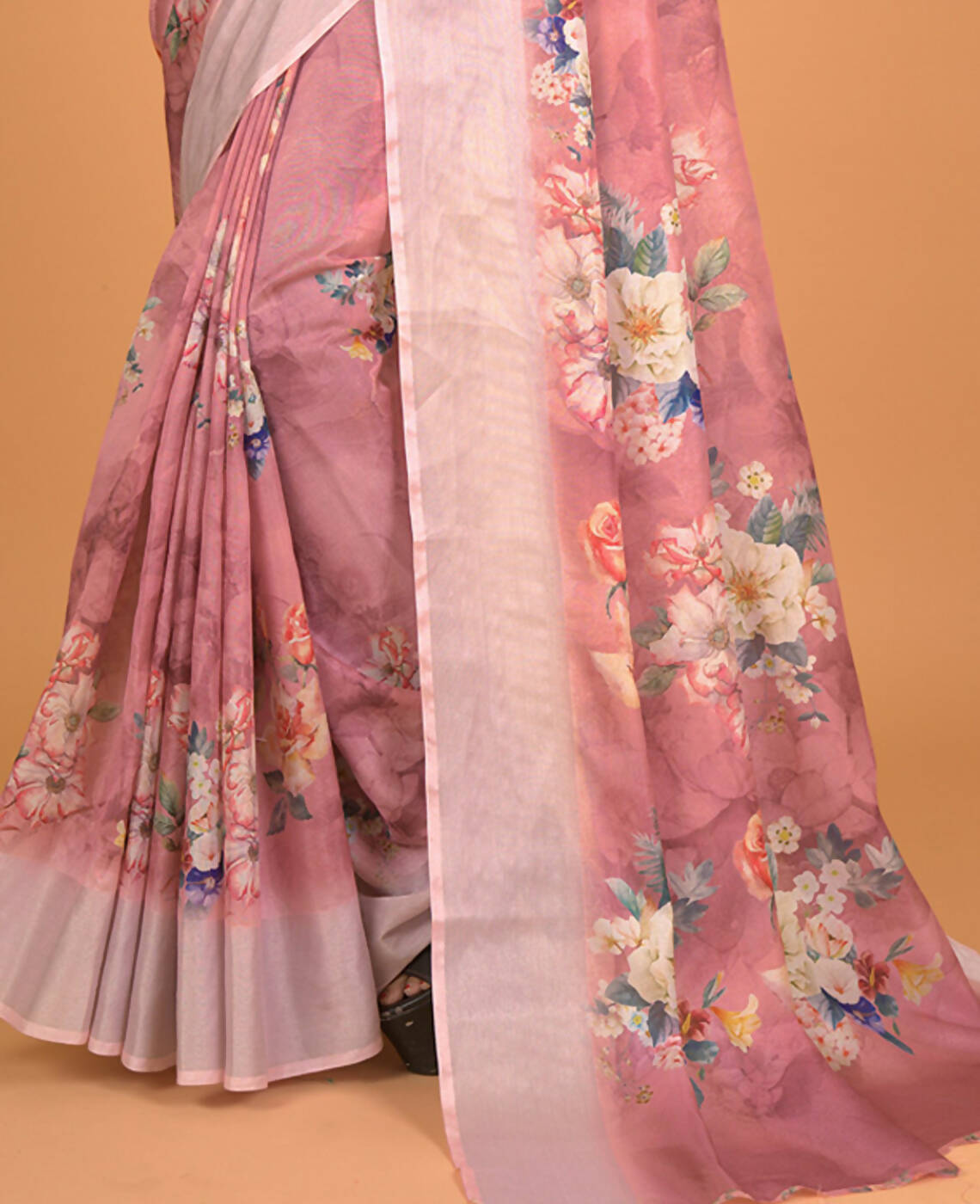 Mauve Cotton Silk Floral Printed Saree With Unstitched Blouse Piece - Akshita