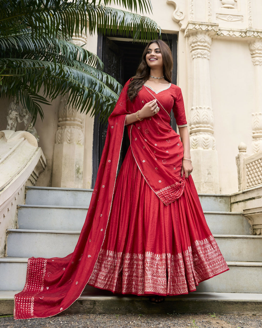 Lorenvalley Red Pure Chanderi Plain With Zari Weaving Work Border Lehenga Choli