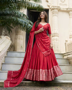 Lorenvalley Red Pure Chanderi Plain With Zari Weaving Work Border Lehenga Choli
