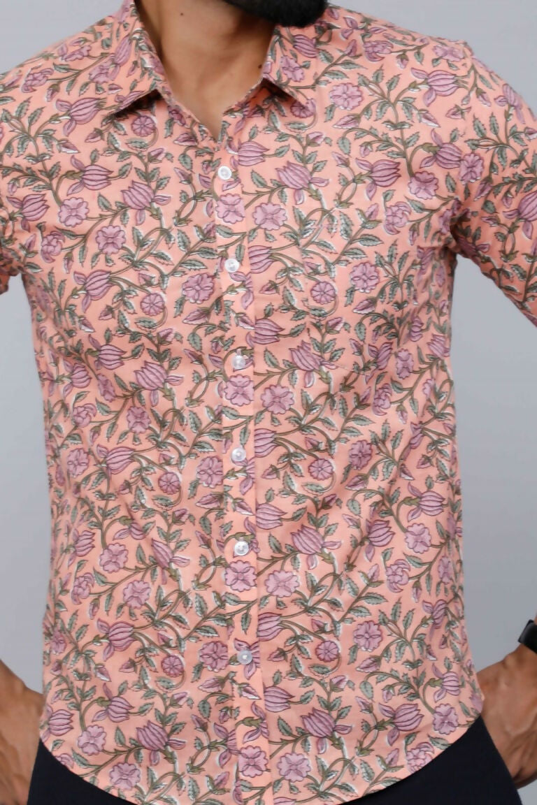 Miravan Men's Orange Printed Full Sleeve Cotton Shirt