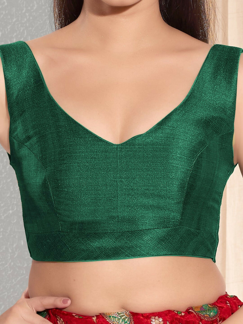 Joban Fashion Bottle Green Mulberry Silk Padded Blouse With Round Neck Sleeveless - Distacart