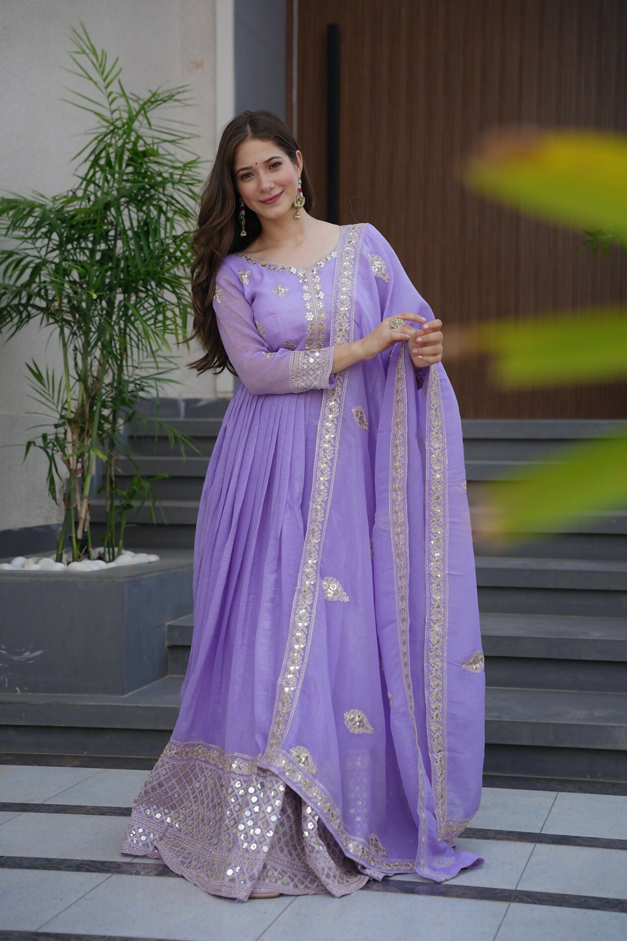 Teeya Creation Lavender Color Crunchy Silk Wedding Wear Embroidery Work Long Gown - Distacart