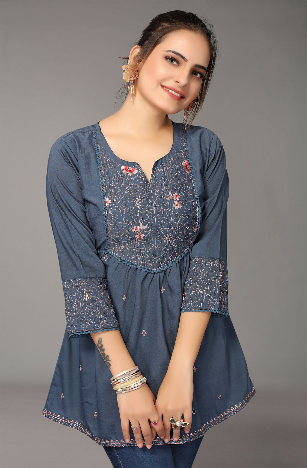 Women's Turquoise Blue Viscose blend Embroidered Short Top - Marina