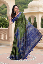 Prime Volt Women's Green & Blue Printed Mal Cotton Saree with Designer Blouse Piece - Distacart