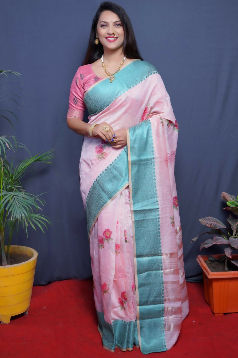 Jyoti Fashion Women's Teal Linen Silk Digital Print with Jacquard Woven Border Saree with Blouse
