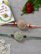 NVR Men Set of 2 Pink & Green Stone-Studded Rakhi With Roli Chawal & Chocolate - Distacart