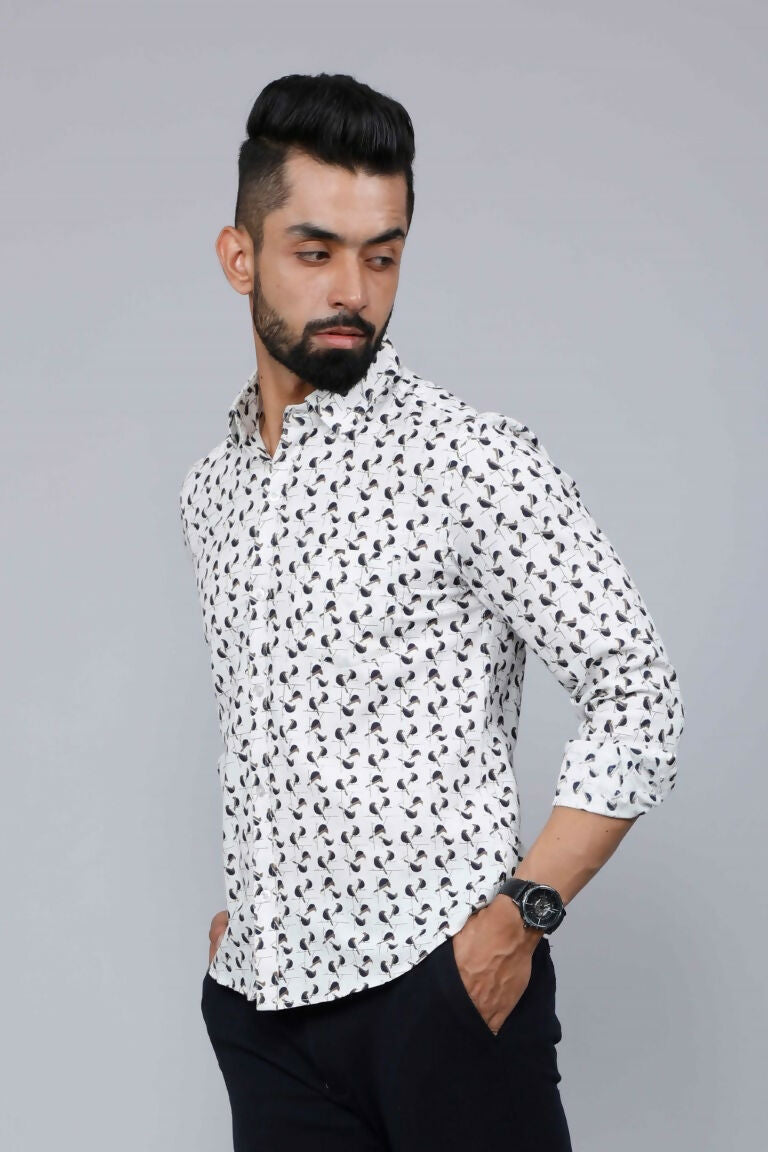 Miravan Men's White Spread Collar Bird Print Casual Shirt
