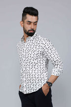 Miravan Men's White Spread Collar Bird Print Casual Shirt