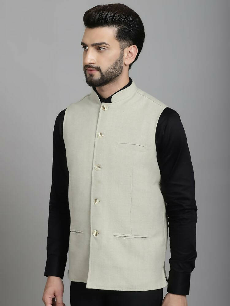 Even Apparels Self-Design Waistcoat With Welt Pockets - Beige