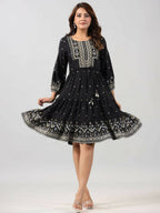Juniper Women Black Rayon Printed Short Tiered Dress - Distacart