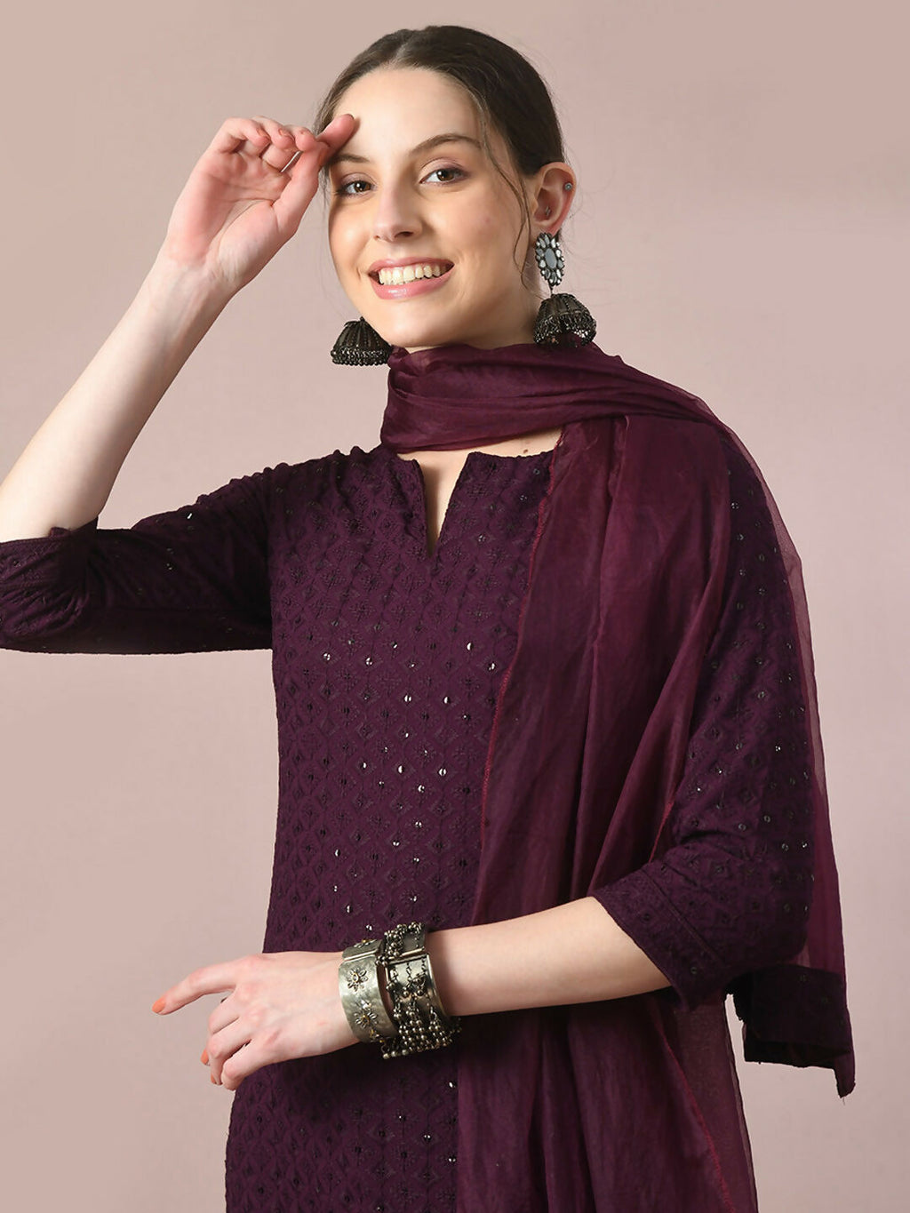 Myshka Women's Magenta Embroidered Cotton Straight Party Kurta Set With Dupatta