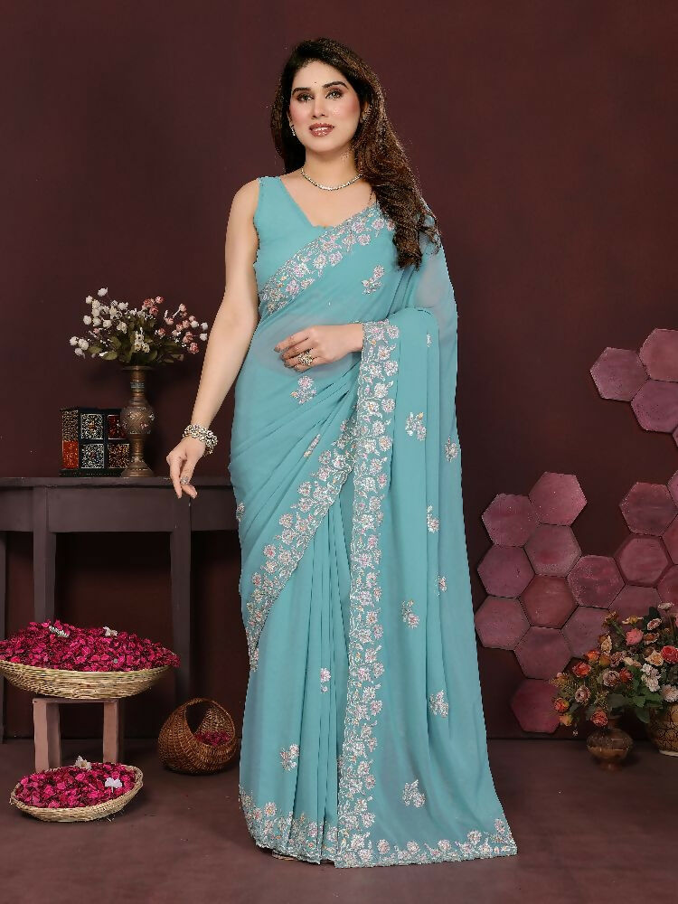 PR Fashion Turquoise Georgette Embroidery Work With Embroidery Work Blouse Saree