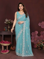 PR Fashion Turquoise Georgette Embroidery Work With Embroidery Work Blouse Saree