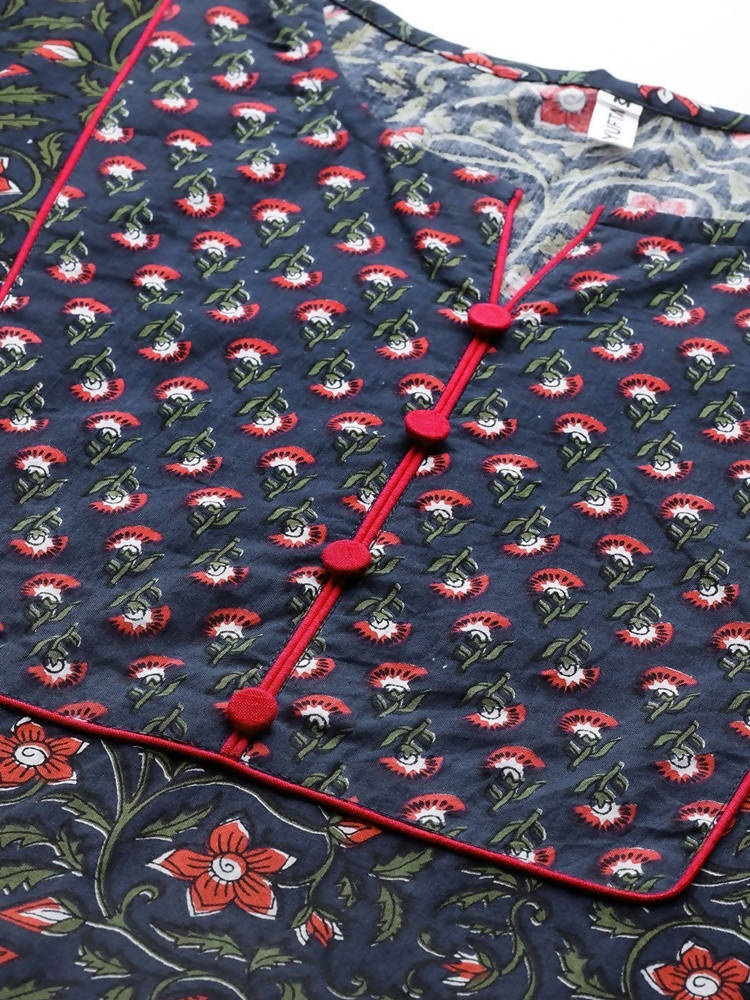 Yufta Women Navy Blue & Pink Ethnic Motifs Printed Pure Cotton Kurta with Trouser