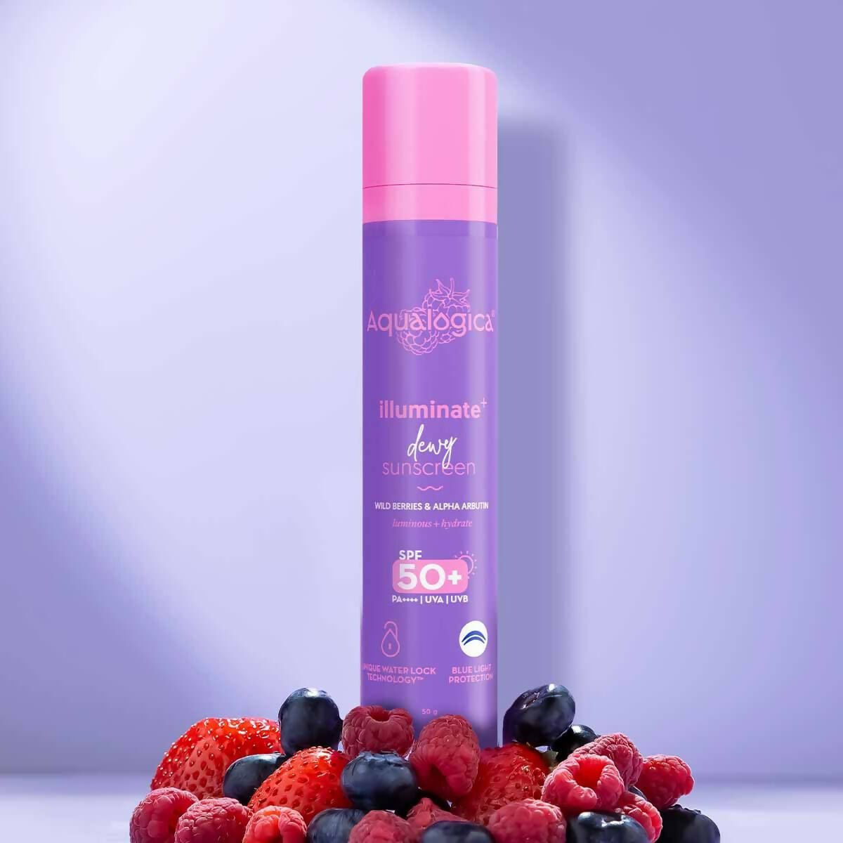 Aqualogica Illuminate+ Dewy Sunscreen SPF 50+ PA++++ with Wild Berries & Alpha Arbutin, Protection Against Uva/B & Blue Light Protection - Distacart