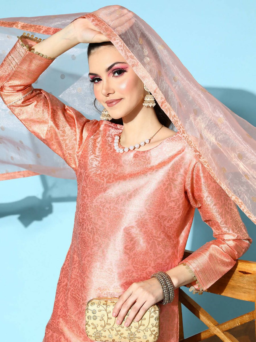 Ahalyaa Women's Peach Colour Poly Silk Printed Kurta Pant Set With Dupatta - Distacart