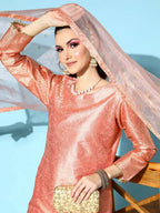Ahalyaa Women's Peach Colour Poly Silk Printed Kurta Pant Set With Dupatta - Distacart