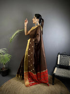 Joban Fashion Chocolate Brown Bhagalpuri Cotton Silk Stripes/Box Saree - Distacart