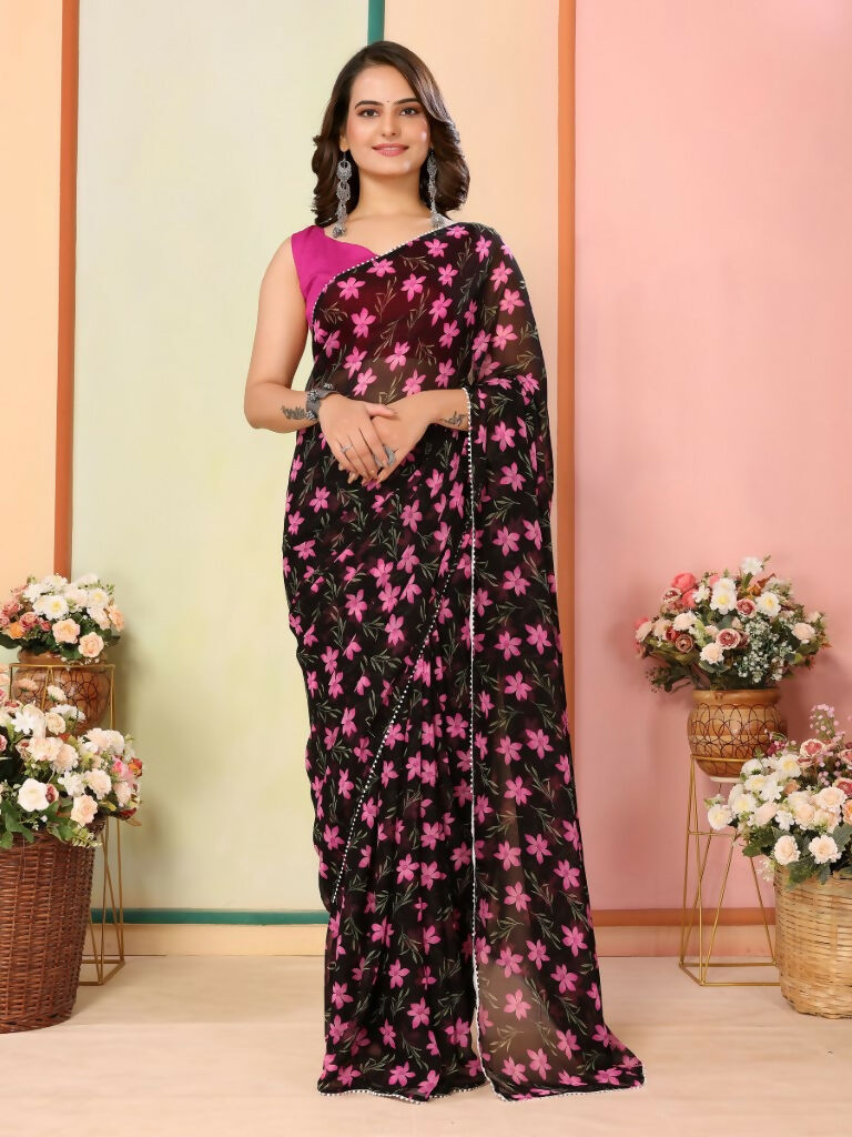 Black Georgette Designer Printed Ready To Wear Saree - Elite