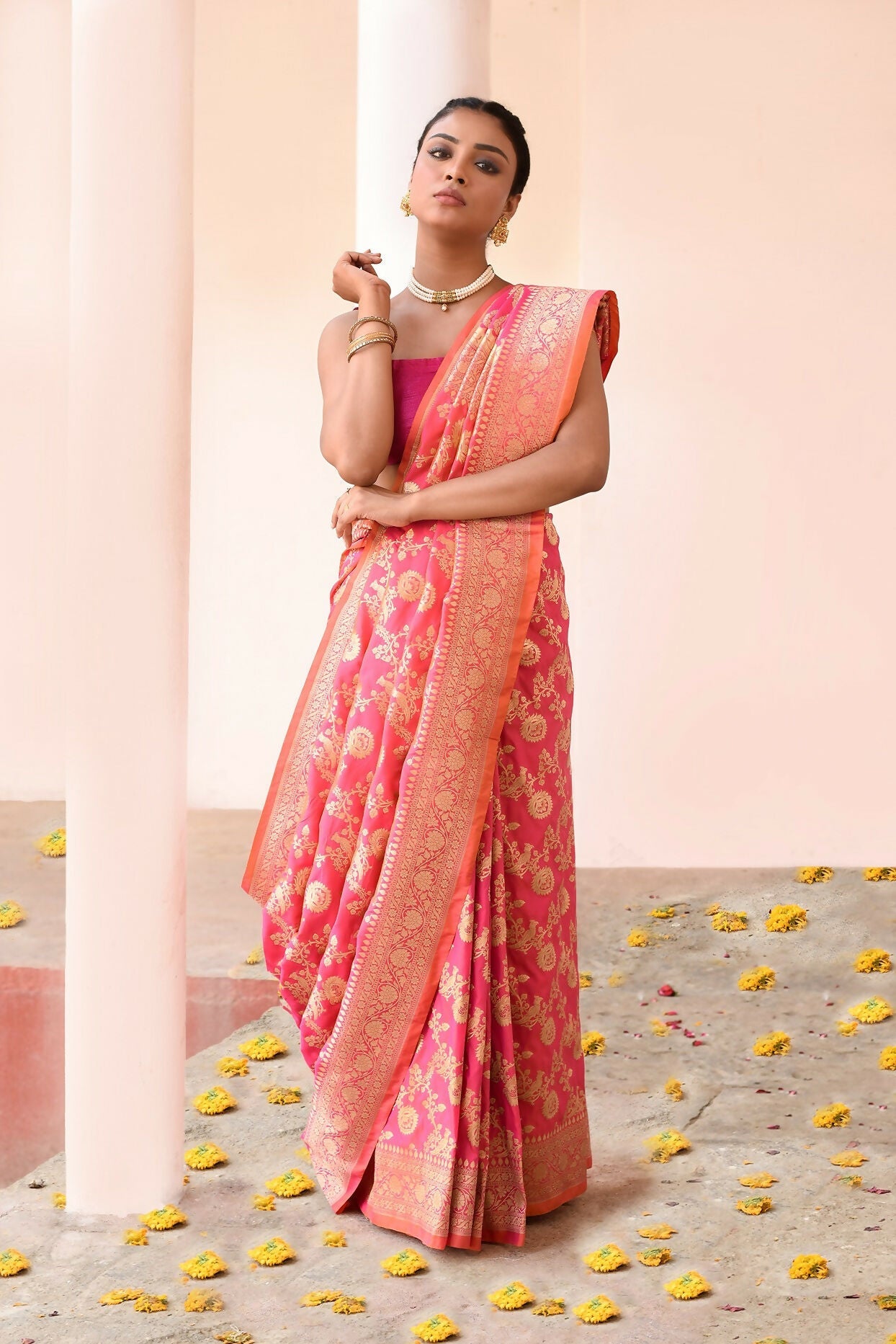 Joban Fashion Pink Peach Soft Pure Handloom Banarasi Silk Saree