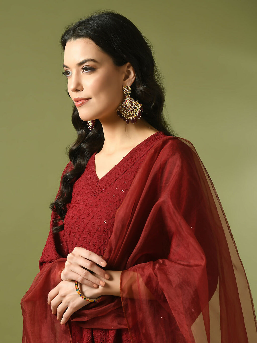 Myshka Women's Maroon Embroidered Cotton A-Line Party Kurta Set With Dupatta