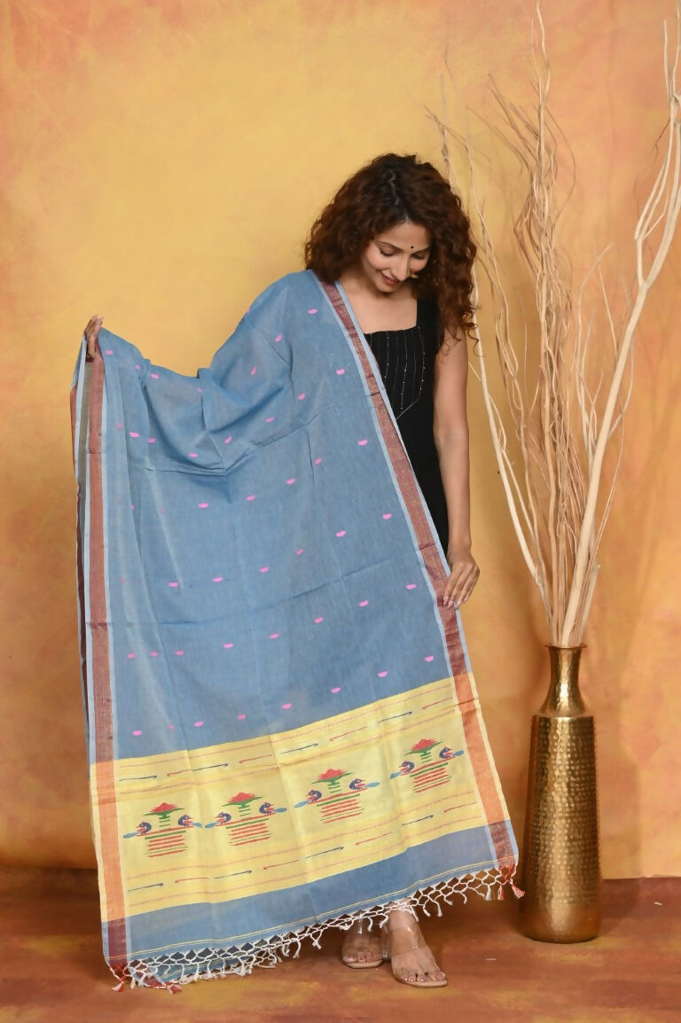 Very Much Indian Handloom Pure Cotton Paithani Dupatta - Powder Blue