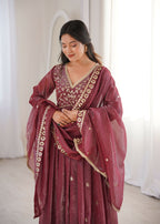 Teeya Creation Brown Crunchy Silk Wedding Wear Embroidery Work Design Gown - Distacart