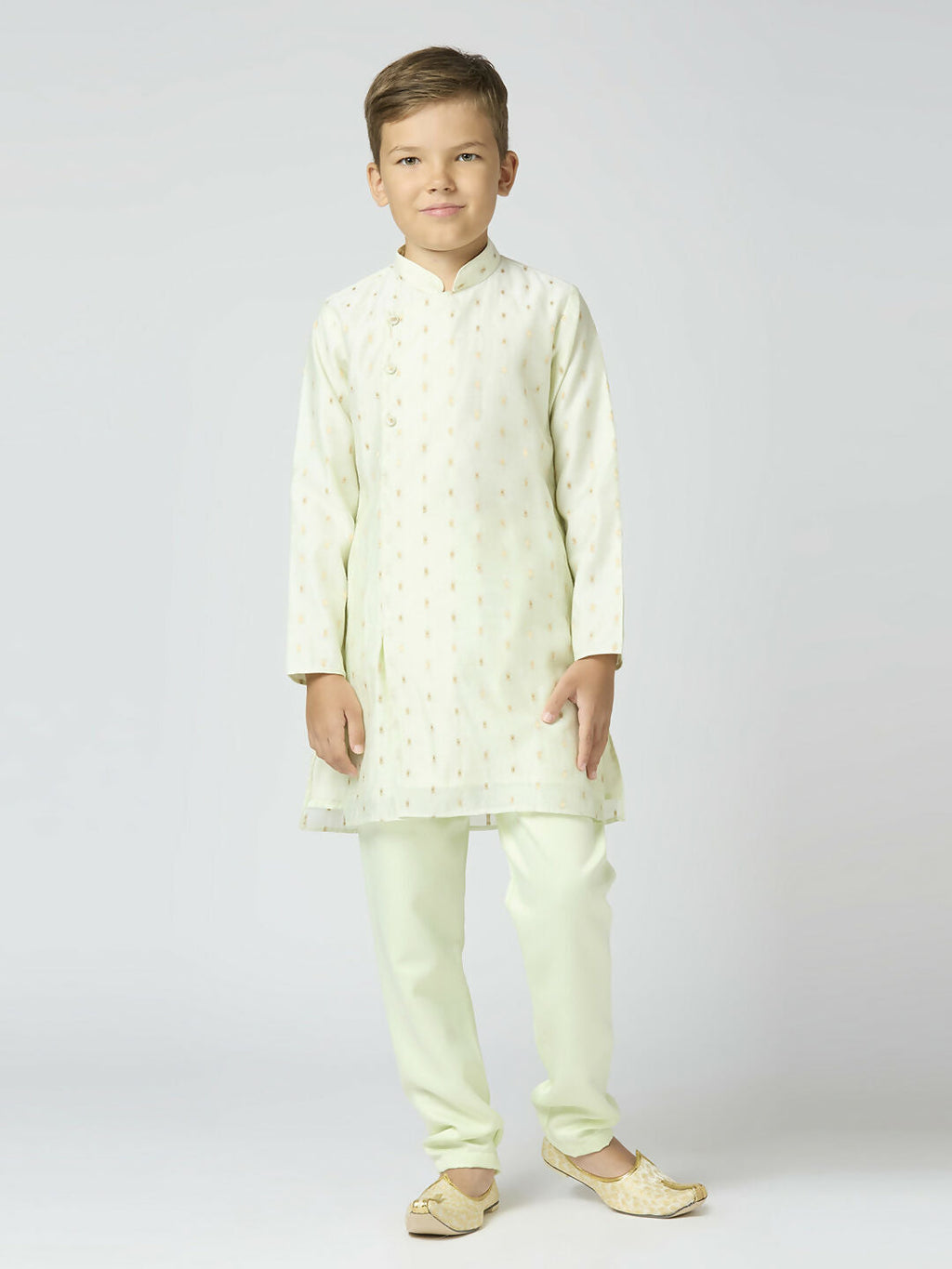 Joban Fashion Kids Island Full Sleeves Chanderi Kurta, Pyjama Set with Traditional Butta Work - Pista - Distacart