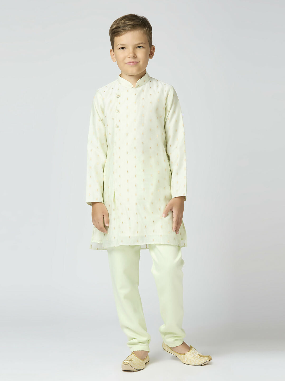 Joban Fashion Kids Island Full Sleeves Chanderi Kurta, Pyjama Set with Traditional Butta Work - Pista - Distacart