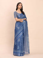 Shree Shyam Fashion Linen Cotton Indigo Blue Saree - Distacart