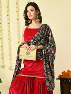 Myshka Women's Pink Velvet Kurti & Sharara With Dupatta Party Sets