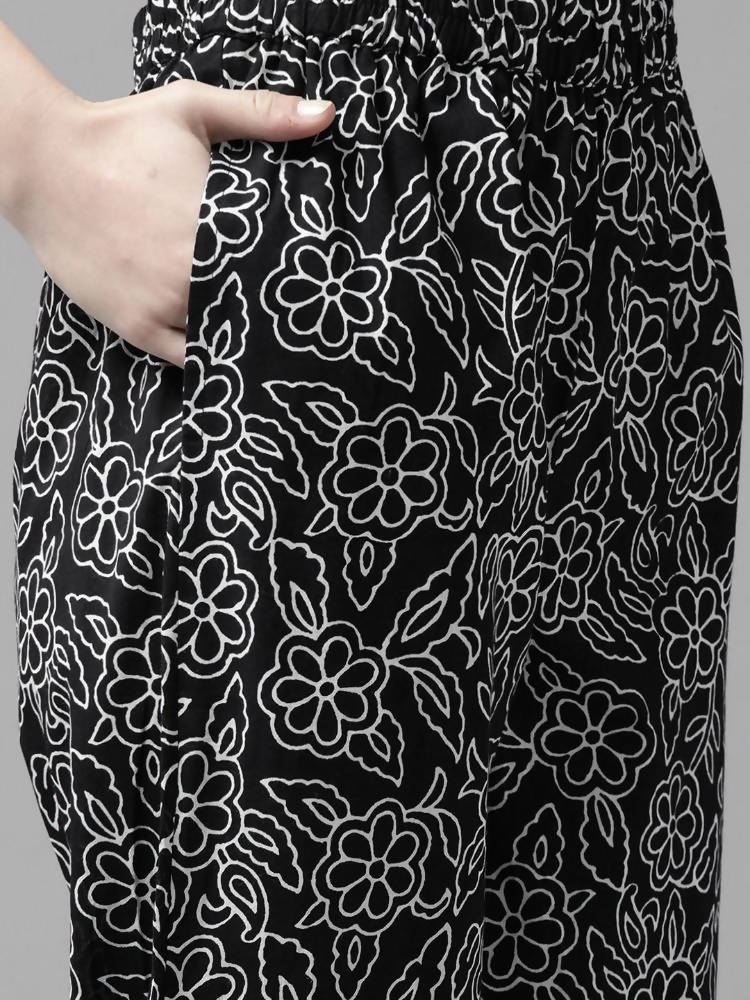 Yufta Women Black & White Ethnic Print Sequined Pure Cotton Kurta with Trouser and Dupatta