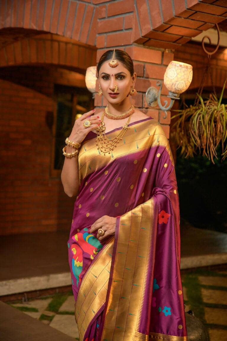 Jyoti Fashion Women's Wine Paithani Silk Zari Woven Saree with Blouse