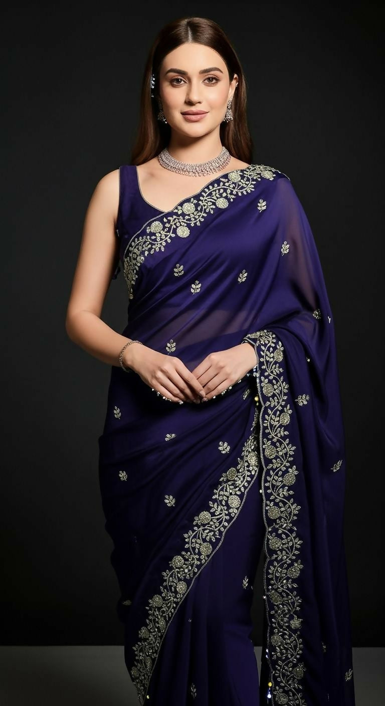 Joban Fashion Blue Fandy Satin Silk Party Wear Sarees - Distacart