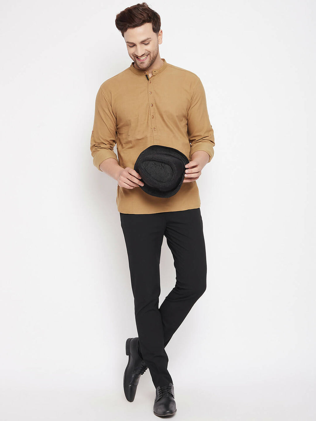 Even Apparels Beige Pure Cotton Short Men's Kurta With Band Collar - Distacart