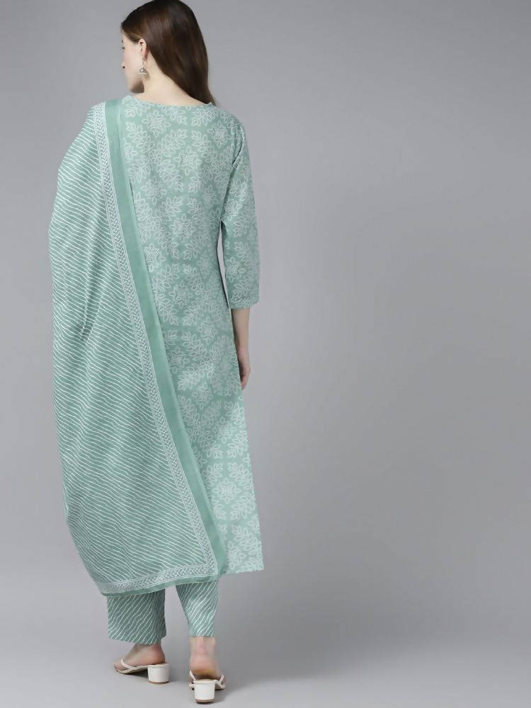 Yufta Women Green Bandhani Print Gotta Patti Pure Cotton Kurta with Palazzo and Dupatta