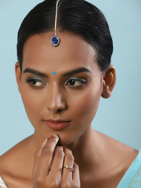 Women's Blue Silver-Toned Kundan Studded Maang Tikka - Ruby Raang