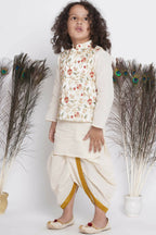 Little Bansi Banarsi Floral Embroidery Jacket Wth Cotton Kantha kurta And Kantha Dhoti - Cream