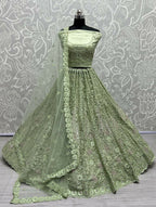 Jyoti Fashion Women's Pista Green Bridal Net Fancy Dori, Multi Thread, Hand Mirror and Diamond Work Wedding Lehenga Choli