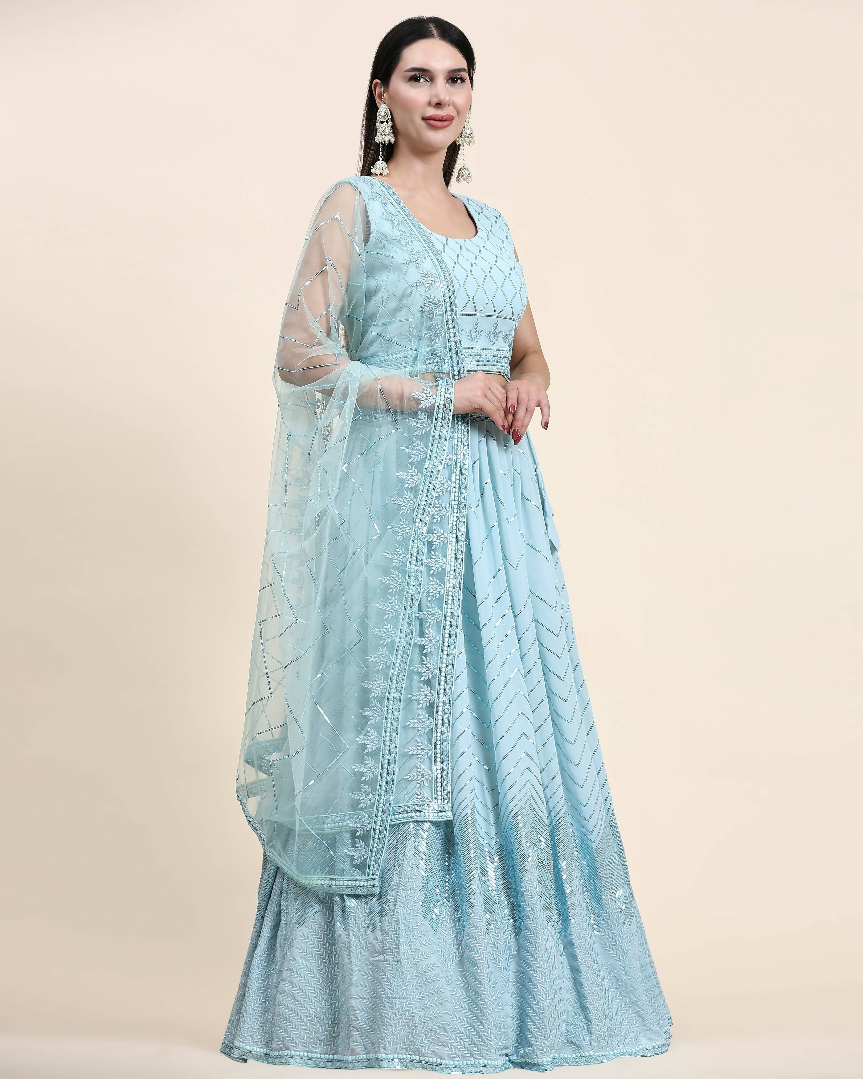 Blue Pure Viscose Georgette Sequence Embroidery work Lehenga Choli with Dupatta - Aakriti