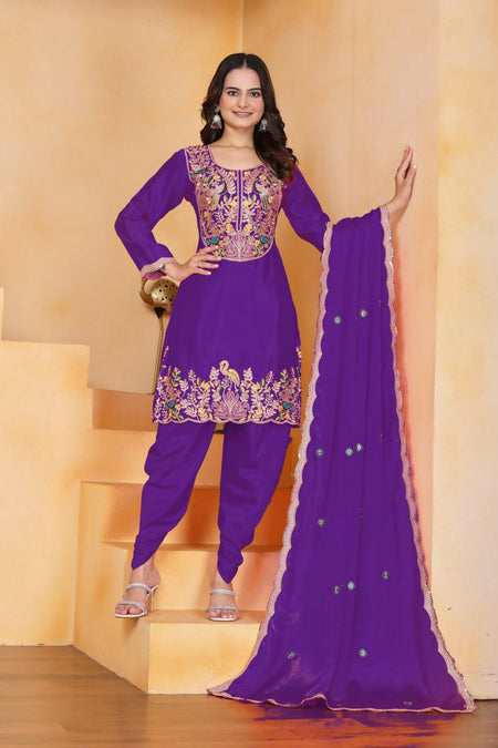 Teeya Creation Purple Color Chinon Silk Party Wear Punjabi Dhoti Suit