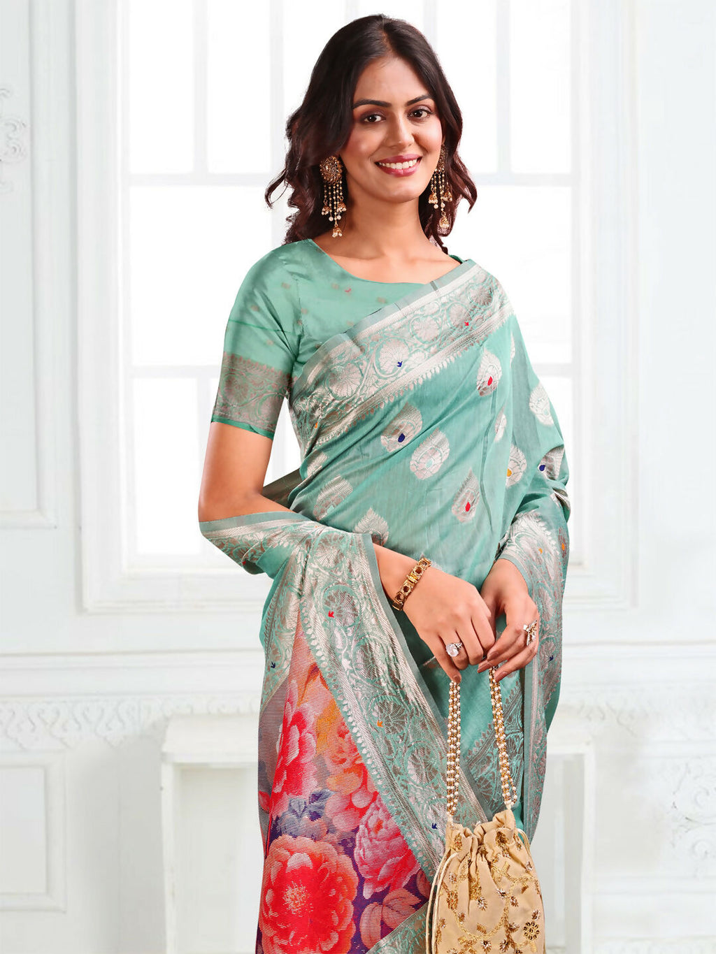 Shree Shyam Fashion Linen Cotton Rama Green Saree - Distacart