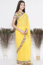 Little Bansi Floral Print Ready To Wear Saree And Floral Blouse - Yellow