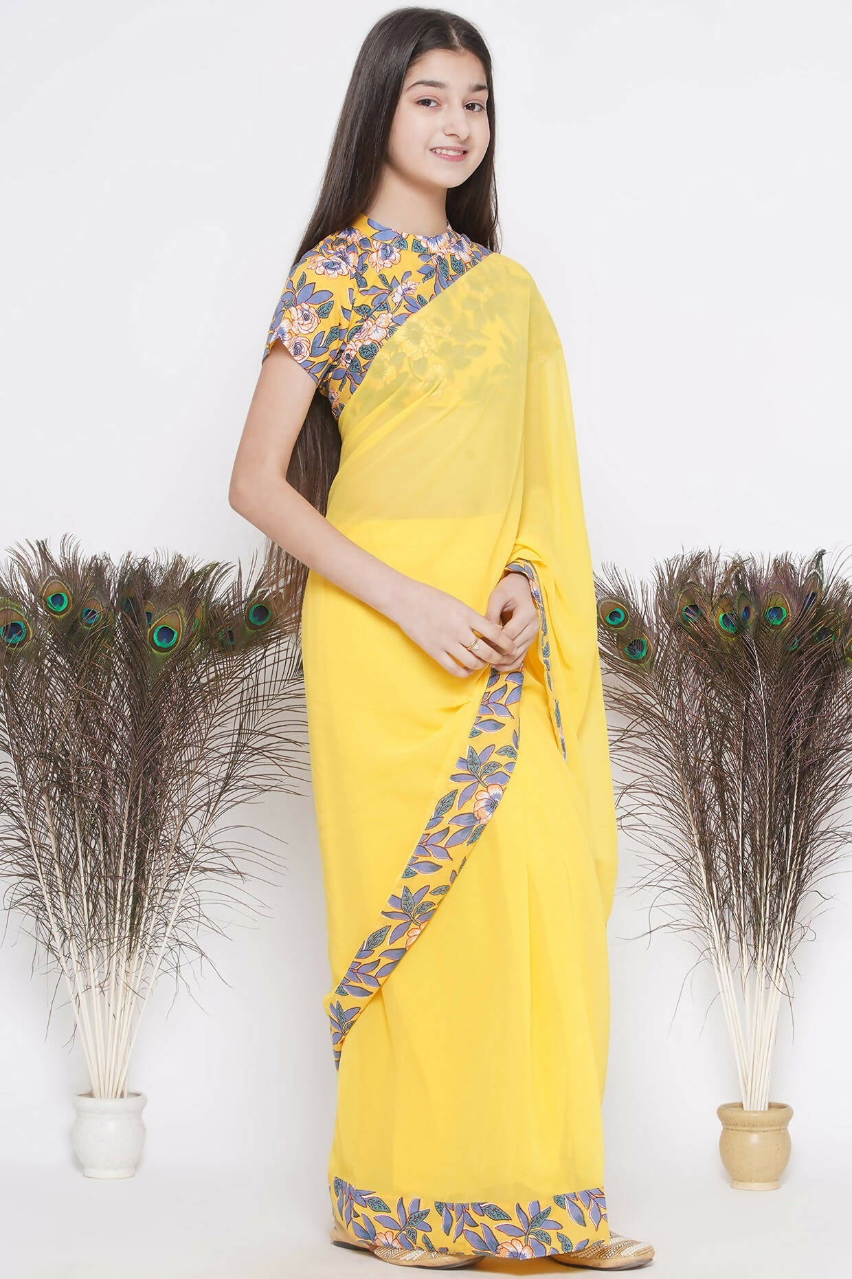 Little Bansi Floral Print Ready To Wear Saree And Floral Blouse - Yellow