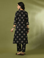 Myshka Women's Black Printed Cotton Straight Party Kurta Set