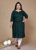 Miravan Women's Plus Size Green Embroidered Straight Kurti