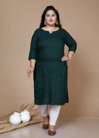Miravan Women's Plus Size Green Embroidered Straight Kurti
