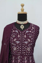 Vastranavya Wine Chikankari Embroidered Sequence Work Abaya Suit