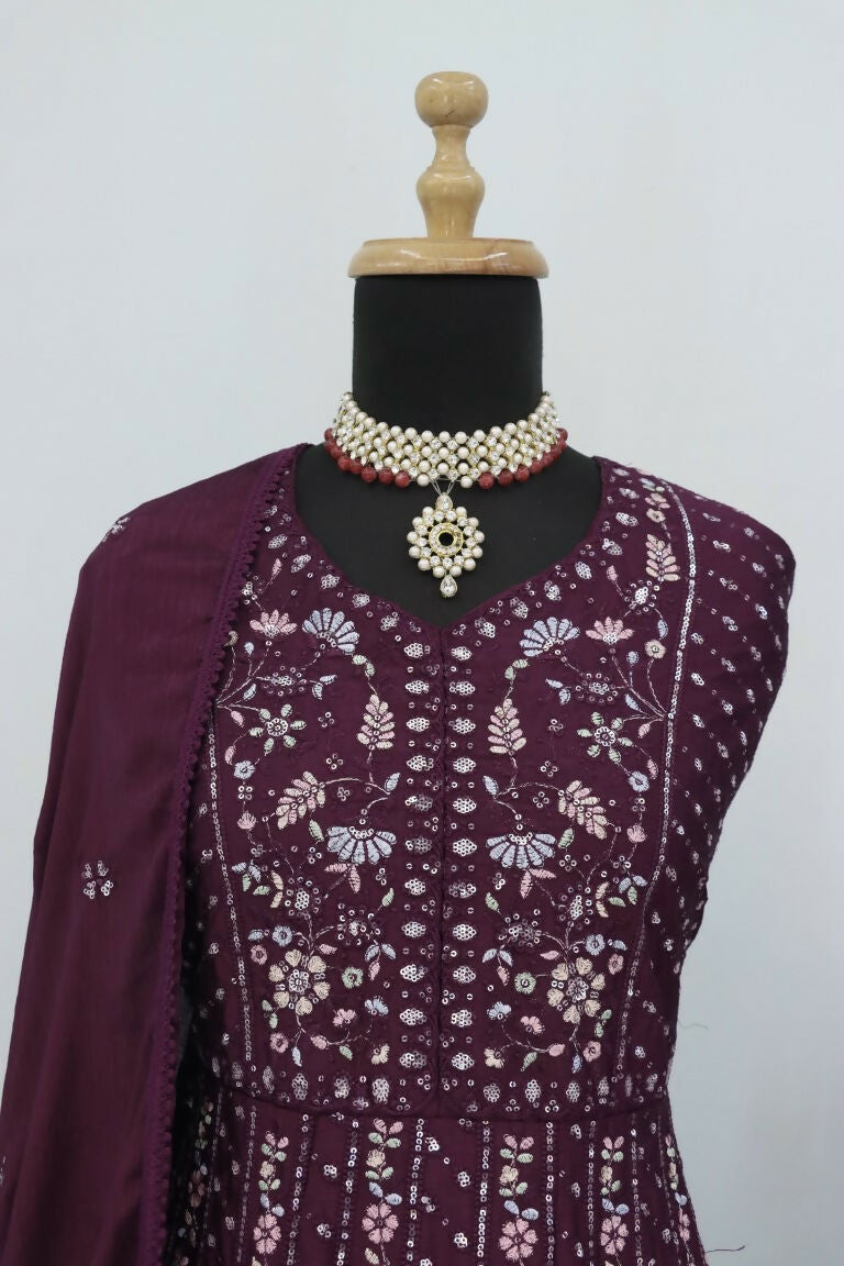Vastranavya Wine Chikankari Embroidered Sequence Work Abaya Suit